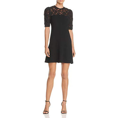 Rebecca Taylor Women's Short Sleeve Crepe Lace Dress, Black, 0