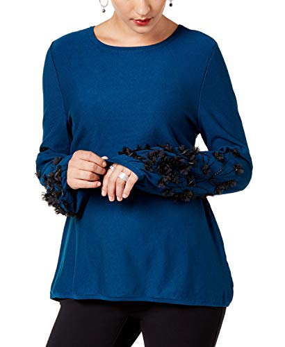 Alfani Womens Embellished Bishop Sleeves Pullover Sweater L , Ocean Teal