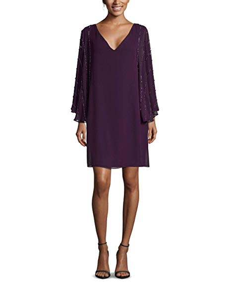 Betsy & Adam Purple V-Neck Beaded Sleeve Shift Dress 8P