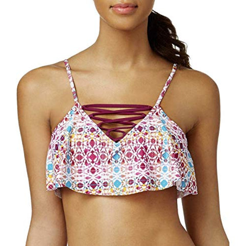 Hula Honey Juniors Printed Strappy Flounce Bralette Bikini Top (Wine Multi, Small)