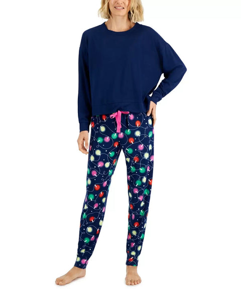 Jenni Medium Long Sleeve Mix It Pajama Set Navy Christmas Lights