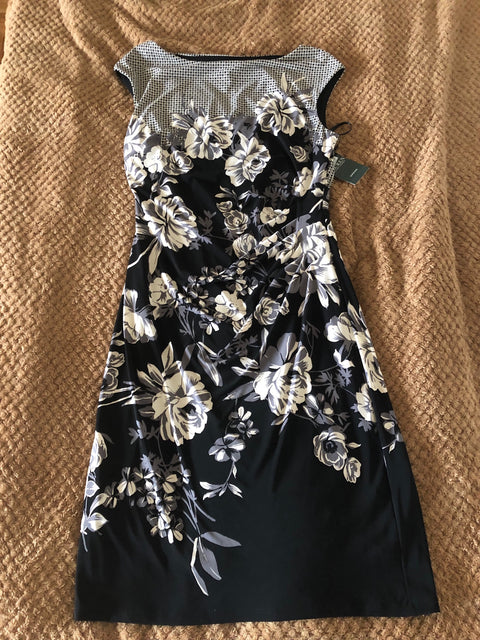 RALPH LAUREN Womens Black/White Floral Print Jersey Sheath Dress 10