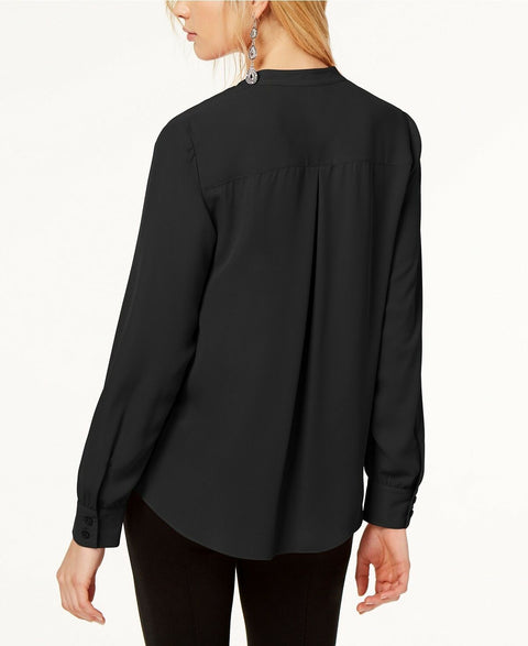 INC International Concepts Zipper-Pocket Surplice Blouse Black M