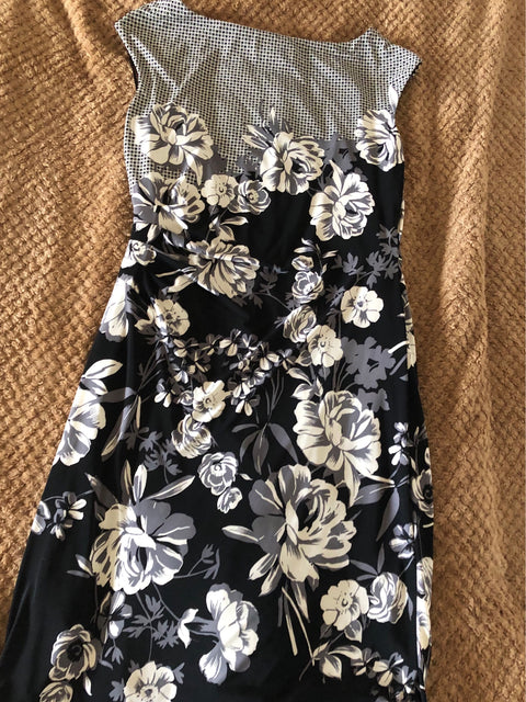 RALPH LAUREN Womens Black/White Floral Print Jersey Sheath Dress 10