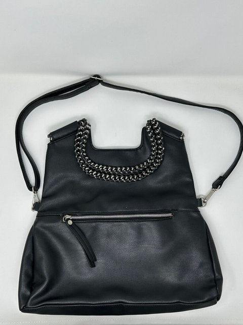 Carlos Santana Black Faux Leather Silver Chain Large Tote Crossbody Shoulder Bag
