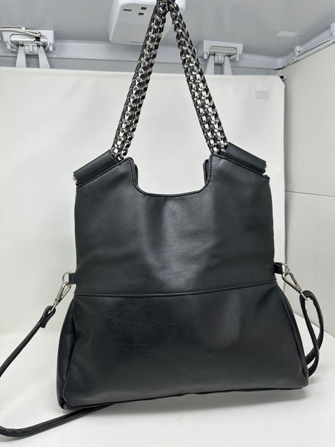 Carlos Santana Black Faux Leather Silver Chain Large Tote Crossbody Shoulder Bag