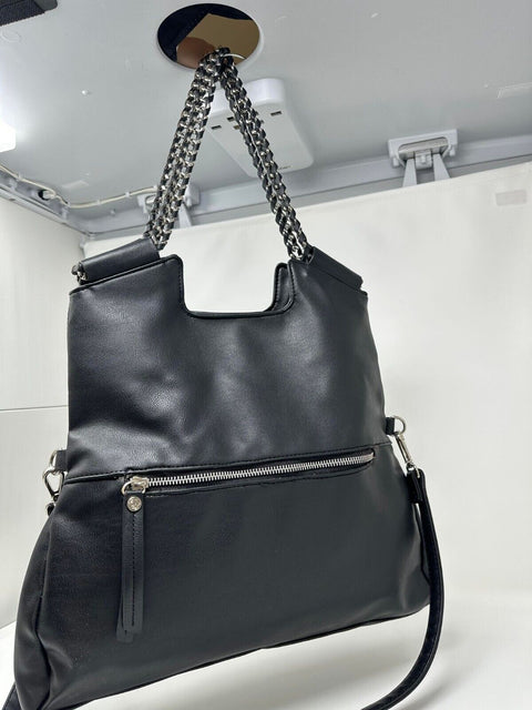 Carlos Santana Black Faux Leather Silver Chain Large Tote Crossbody Shoulder Bag