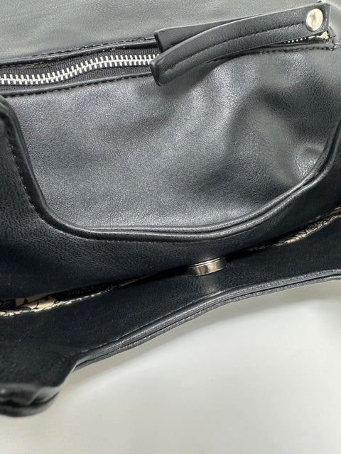 Carlos Santana Black Faux Leather Silver Chain Large Tote Crossbody Shoulder Bag