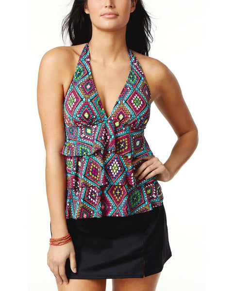 Swim Solutions Santa Fe Geometric Triple Tier Halter Tankini Top size 8