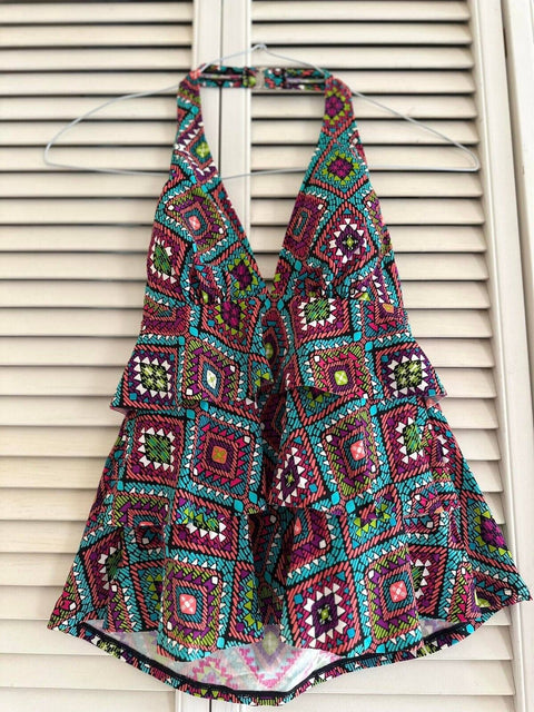 Swim Solutions Santa Fe Geometric Triple Tier Halter Tankini Top size 8