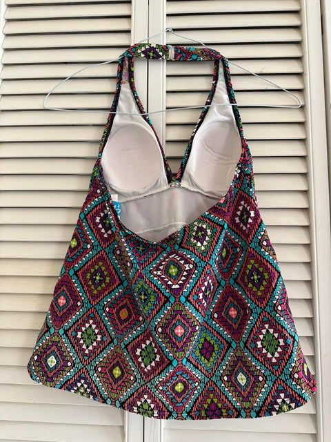 Swim Solutions Santa Fe Geometric Triple Tier Halter Tankini Top size 8