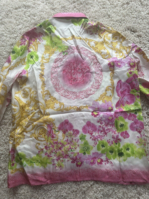 New Versace Orchid Print Button Down Silk Blouse In Rose Size 44