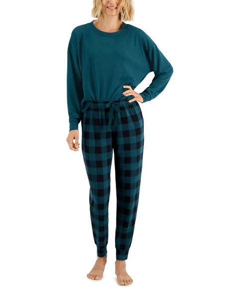 Jenni Women's 2-Piece Soft Knit Pajama Set, June Bug Green Buffalo Check, Small