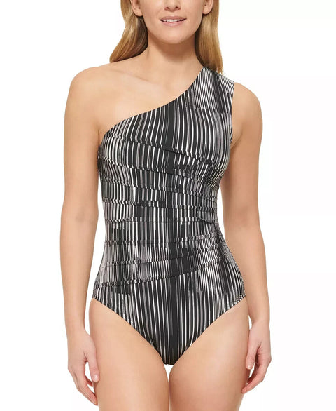 CALVIN KLEIN One Shoulder One Pc Swimsuit 50+UPF Size 16 Black/White Retail $118