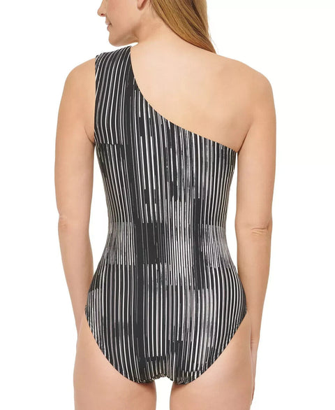 CALVIN KLEIN One Shoulder One Pc Swimsuit 50+UPF Size 16 Black/White Retail $118