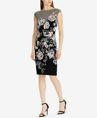 RALPH LAUREN Womens Black/White Floral Print Jersey Sheath Dress 10