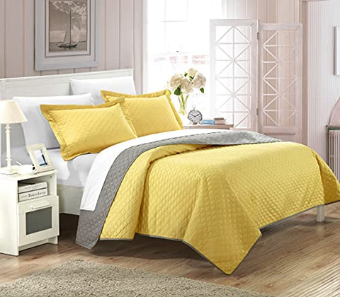Chic Home 3 Piece Teresa Reversible Color Block Modern Quilt Set, Queen, Yellow