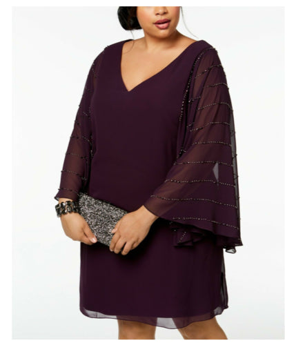 Betsy & Adam Purple V-Neck Beaded Sleeve Shift Dress 8P
