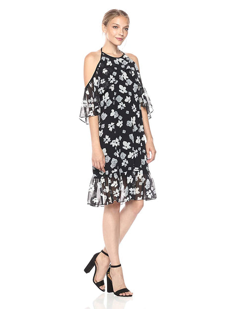 kensie Women's Regular Halter Floral Print Cold Shoulder Dress XS