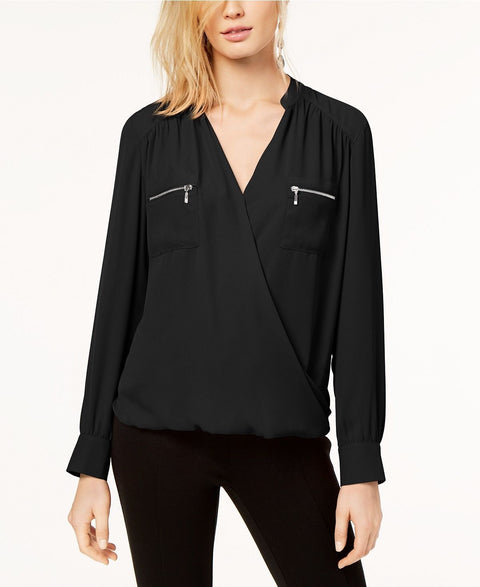 INC International Concepts Zipper-Pocket Surplice Blouse Black M
