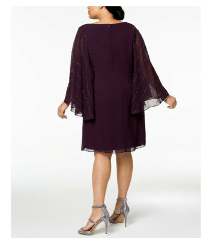 Betsy & Adam Purple V-Neck Beaded Sleeve Shift Dress 8P