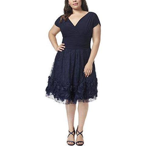 SL Fashions Womens Plus Rosette Ruched Lace Overlay Party Dress Navy 16W