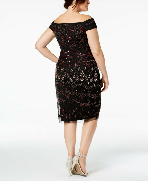 ADRIANNA PAPELL BEDAZZLED BATEAU MESH SHEATH DRESS Rouge Mult 22W