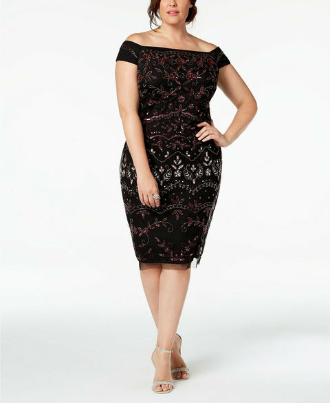 ADRIANNA PAPELL BEDAZZLED BATEAU MESH SHEATH DRESS Rouge Mult 22W