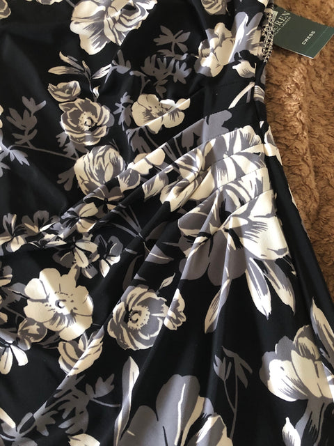 RALPH LAUREN Womens Black/White Floral Print Jersey Sheath Dress 10